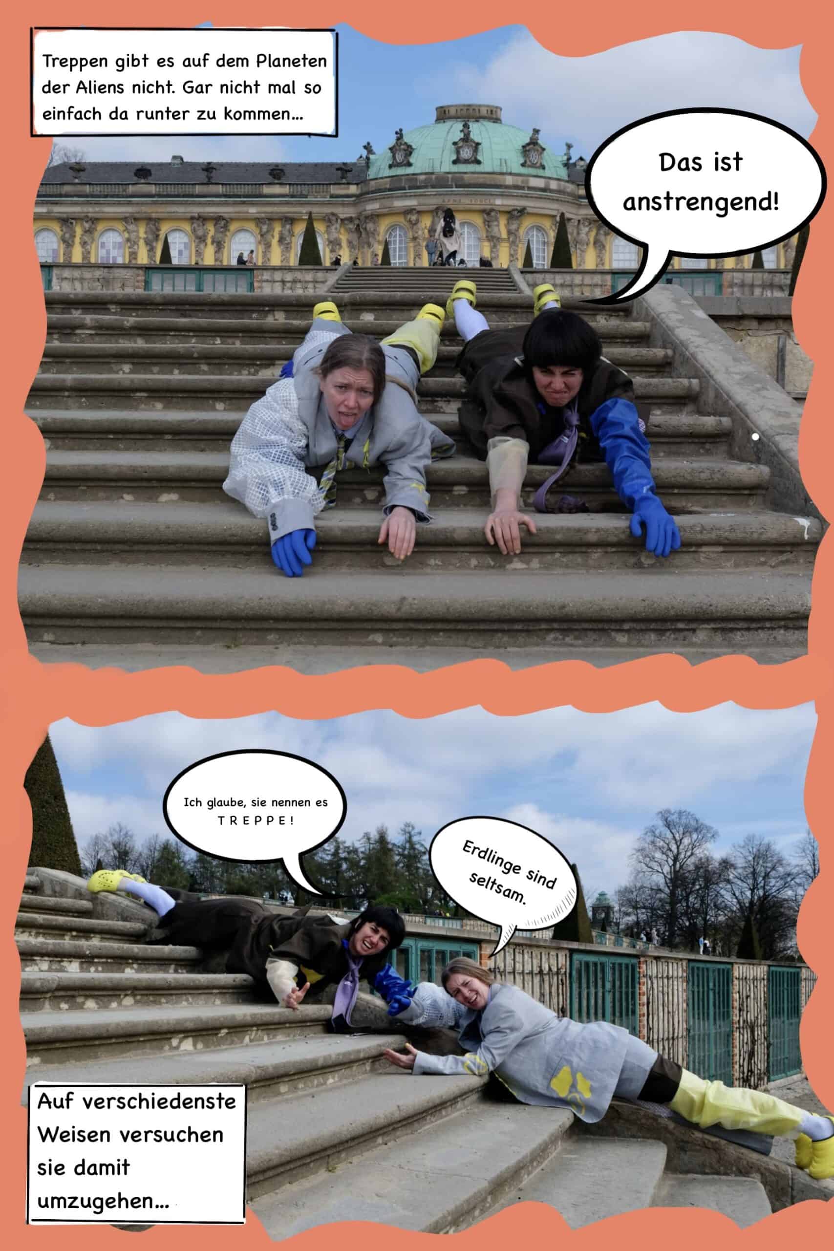 Zwei Außerirdische liegen im Freien schräg auf einer steinernen Treppe