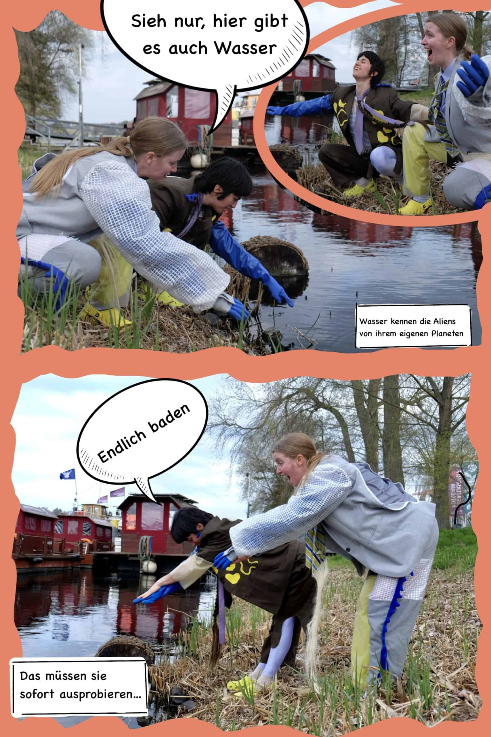 Zwei Außeridische beugen sich am Ufer zum Wasser herunter
